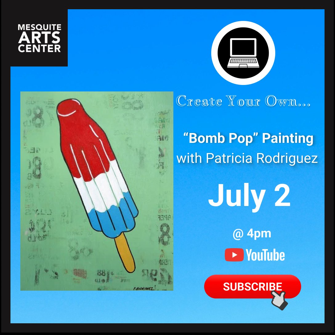 We are excited to announce the latest "Create Your Own..." virtual instruction video is with @PatriciaRodriguez!  Learn how to paint a "bomb pop" popsicle 🍦

Learn more here: mesquiteartscenter.org/events/2025/pa…