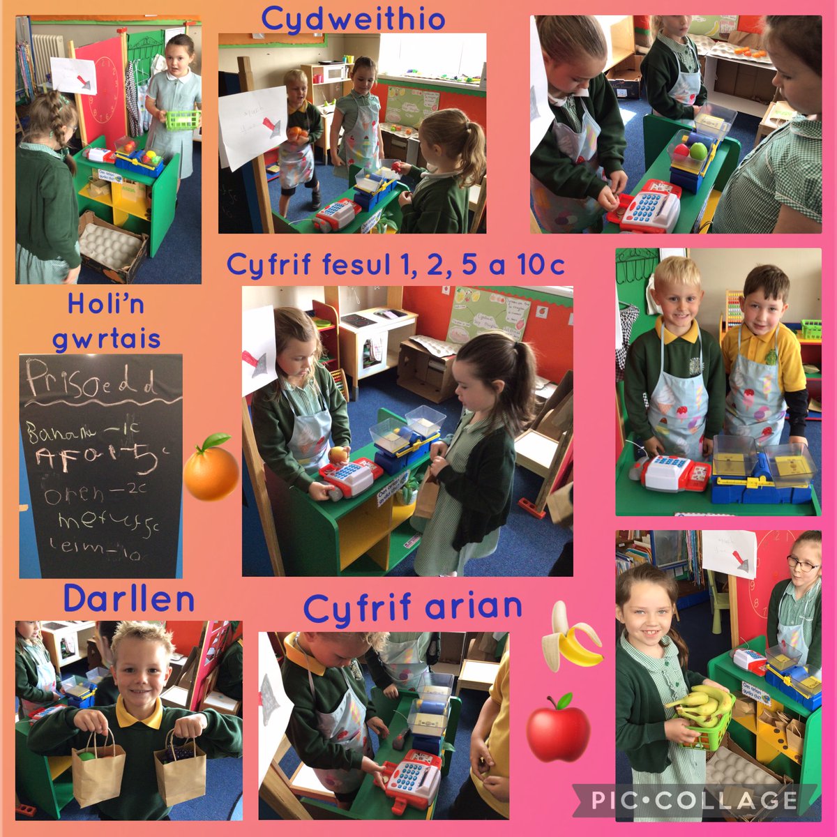 Dosbarth Mrs Walters (@mrswalters_ycs) on Twitter photo Am hwyl yn ein siop ffrwythau, yn ymarfer adio arian a chyfrif darnau arian 1, 2, 5 a 10c i dalu am ein ffrwythau 🍎🍌🍓
We had fun in our roleplay shop, combining 1p, 2p, 5p and 10p coins to buy friut 😁🌟🍊
<a href="/ysgolcynwydsant/">Ysgol Cynwyd Sant</a> #RhifeddYCS #IechydaLlesYCS #IaithYCS Am hwyl yn ein siop ffrwythau, yn ymarfer adio arian a chyfrif darnau arian 1, 2, 5 a 10c i dalu am ein ffrwythau 🍎🍌🍓
We had fun in our roleplay shop, combining 1p, 2p, 5p and 10p coins to buy friut 😁🌟🍊
<a href="/ysgolcynwydsant/">Ysgol Cynwyd Sant</a> #RhifeddYCS #IechydaLlesYCS #IaithYCS