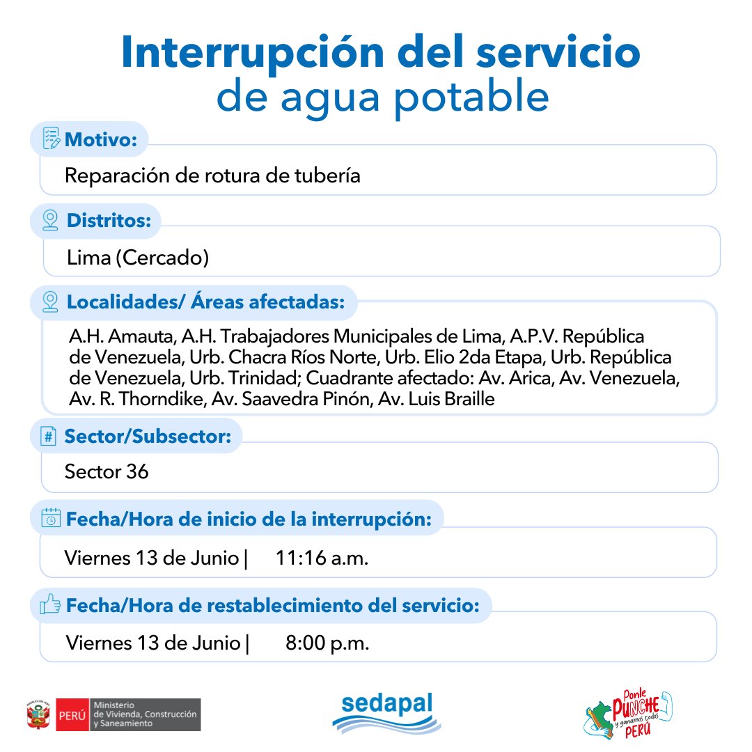 SedapalOficial's tweet photo. 🚨 #LoÚltimo | ¡Atención vecinos de #LimaCercado! #Sedapal atiende una emergencia imprevista por lo que se interrumpirá parcialmente el servicio de agua en algunos sectores. Más detalles aquí 📷#InterrupciónDelServicio https://t.co/zvbP7Bjy4Y
