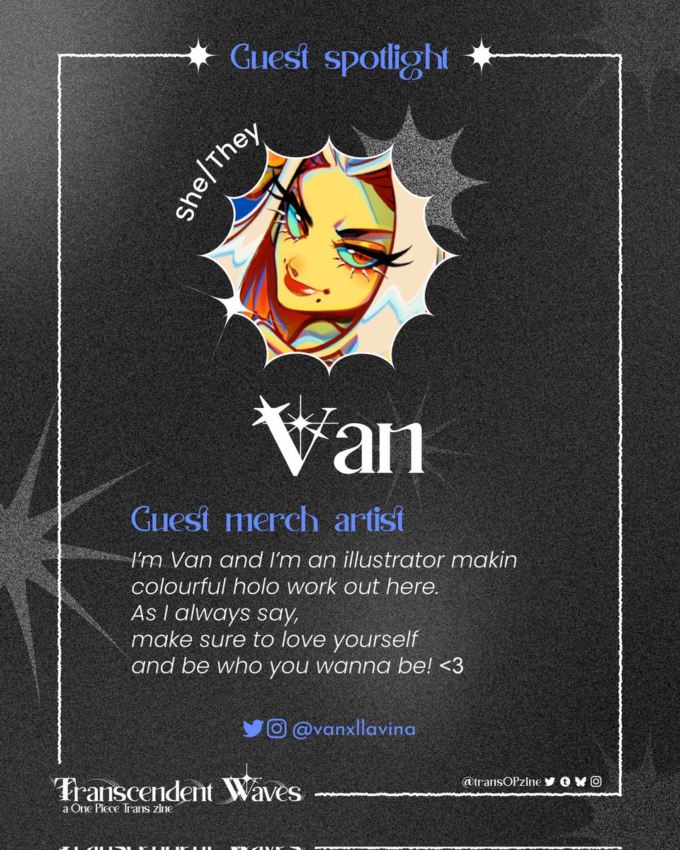 🌊🏳️‍⚧️ GUEST SPOTLIGHT 🏳️‍⚧️🌊
Introducing our incredible guest merch artist : @Vanxllavina ! We hope you're excited for what she and their psychedelic colors got in stock!

Contributor apps are open until June 15th!