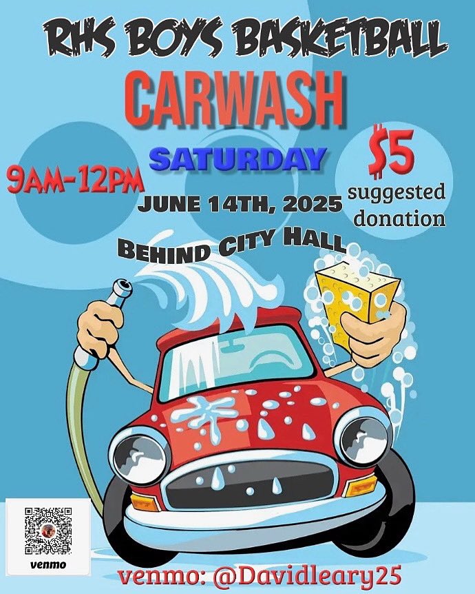 TOMORROW MORNING!!! Please come out this Saturday morning behind Revere City Hall and support the Revere High Boys Basketball Program 9am-12pm! If you cannot attend but would like to make a donation Venmo @Davidleary25 or scan the QR code. Thank you! 😎🏀🔥💦🚗