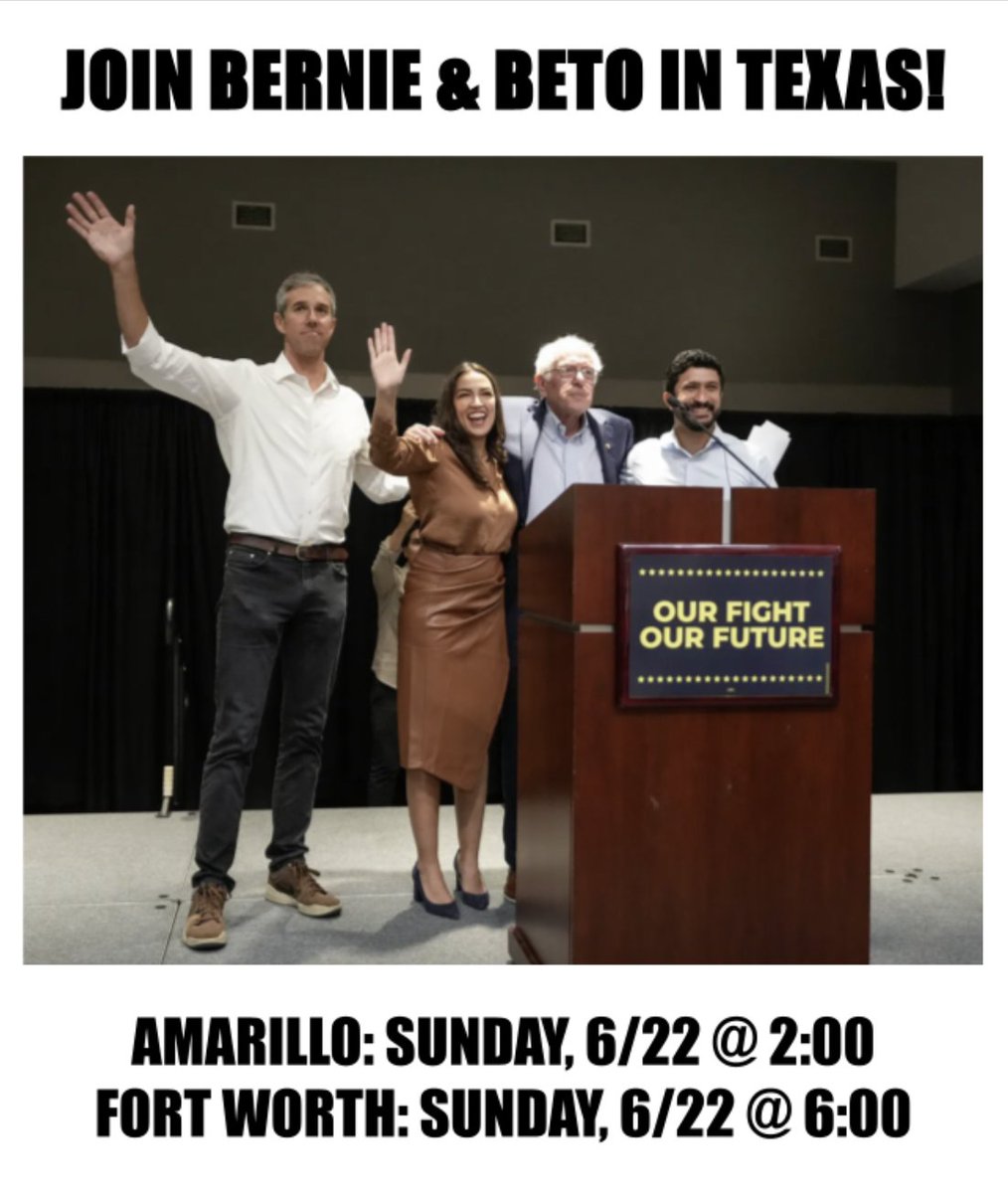 Beto O'Rourke (@betoorourke) on Twitter photo Looking forward to having <a href="/BernieSanders/">Bernie Sanders</a> back in Texas. Hope you'll join us and <a href="/GregCasar/">Greg Casar</a> in Amarillo (Civic Center) & Fort Worth (Dickies Arena) on June 22.
RSVP at berniesanders.com/oligarchy Looking forward to having <a href="/BernieSanders/">Bernie Sanders</a> back in Texas. Hope you'll join us and <a href="/GregCasar/">Greg Casar</a> in Amarillo (Civic Center) & Fort Worth (Dickies Arena) on June 22.
RSVP at berniesanders.com/oligarchy