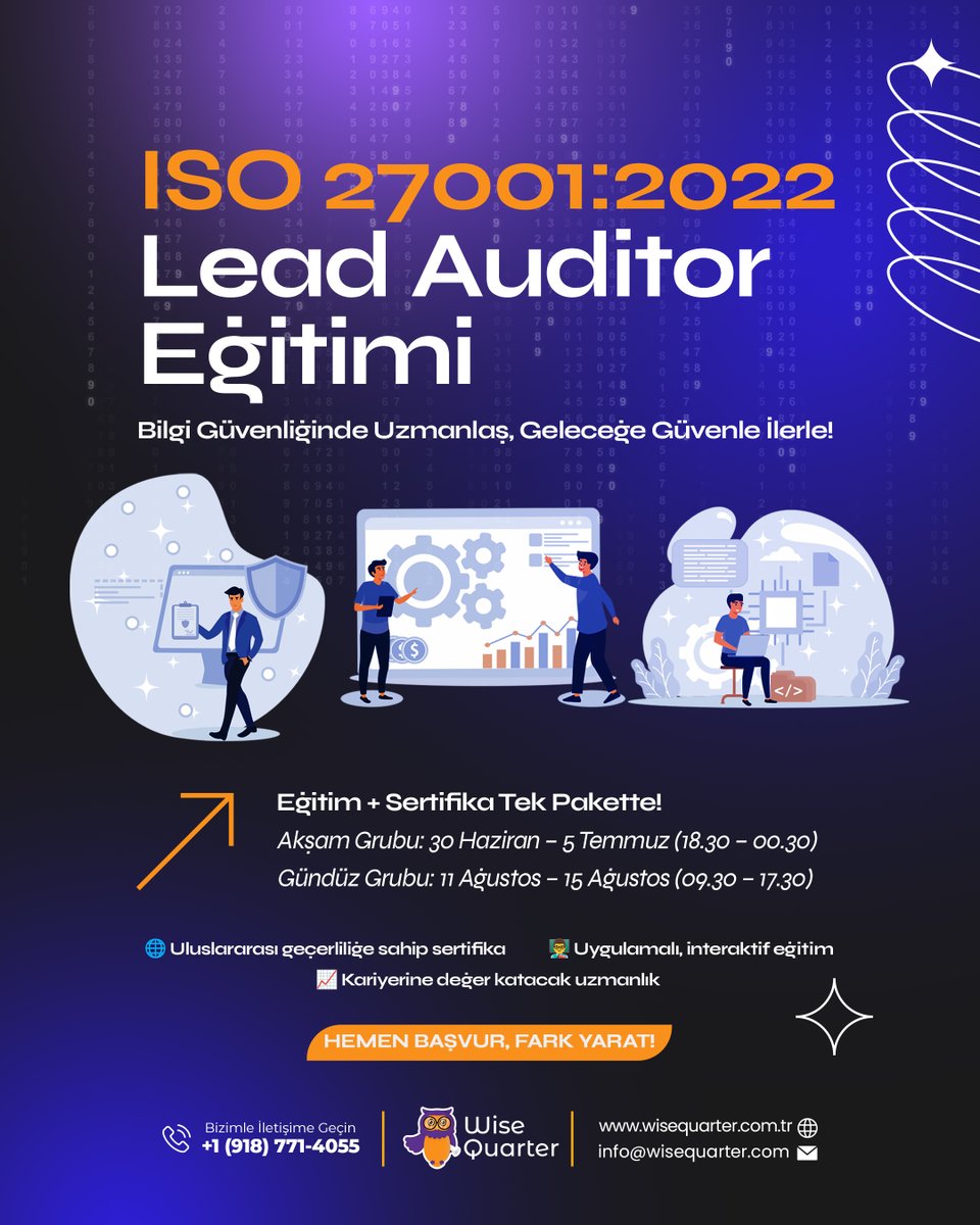 ISO 27001:2022 Lead Auditor Eğitimi başlıyor!

Akşam Grubu: 30 Haziran – 5 Temmuz (18.30 – 00.30)
Gündüz Grubu: 11 – 15 Ağustos (09.30 – 17.30)

Uygulamalı eğitim
Uluslararası geçerli sertifika
Kariyerine değer kat!

Detaylı bilgi &amp; başvuru: DM
#ISO27001 #SiberGüvenlik #ITeğitimi