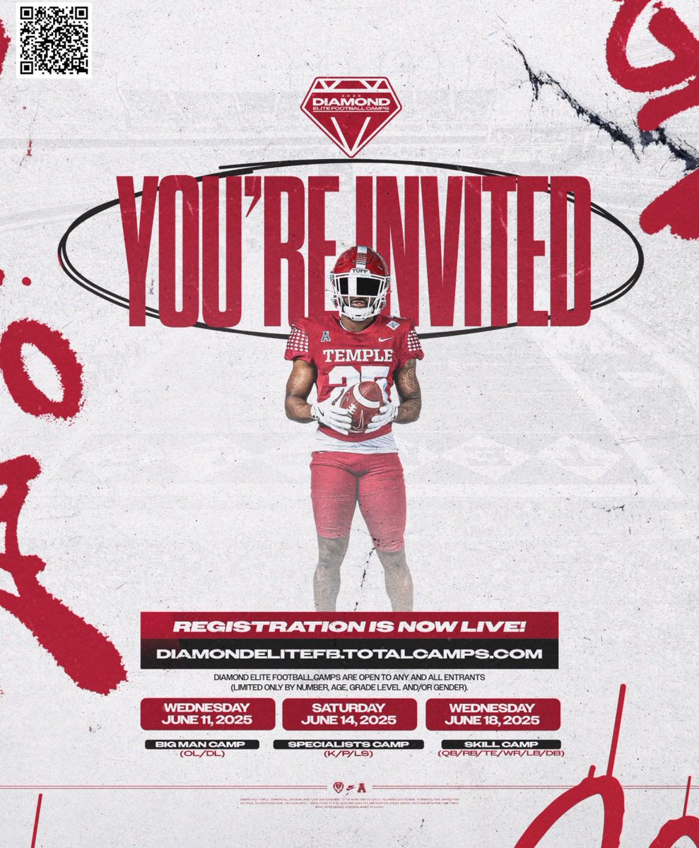 I will be at <a href="/Temple_FB/">Temple Football</a> for the Diamond Elite Prospect Camp tomorrow. Can’t wait to compete and show the staff what I’m made of!! <a href="/SPPFootball/">St. Peter's Football 🏴‍☠️</a> <a href="/SeanBarowski_/">Sean Barowski Jr</a> <a href="/CoachRichHansen/">Rich Hansen 🏴‍☠️</a> <a href="/OTTYF1/">Operation Teen Titans Youth Foundation</a>
