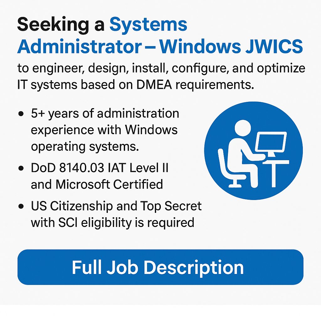 FalconITSS's tweet image. 🚨 #Hiring: Systems Administrator – Windows JWICS 🚨

 👉 APPLY: adr.to/qamhmai
📍 Location: McClellan, CA.
🔒 Clearance: Top Secret with SCI eligibility required.

@falconitss 
#WindowsAdmin #SystemsAdministrator #JWICS #DoDClearedJobs #SacramentoJobs #TopSecretJobs