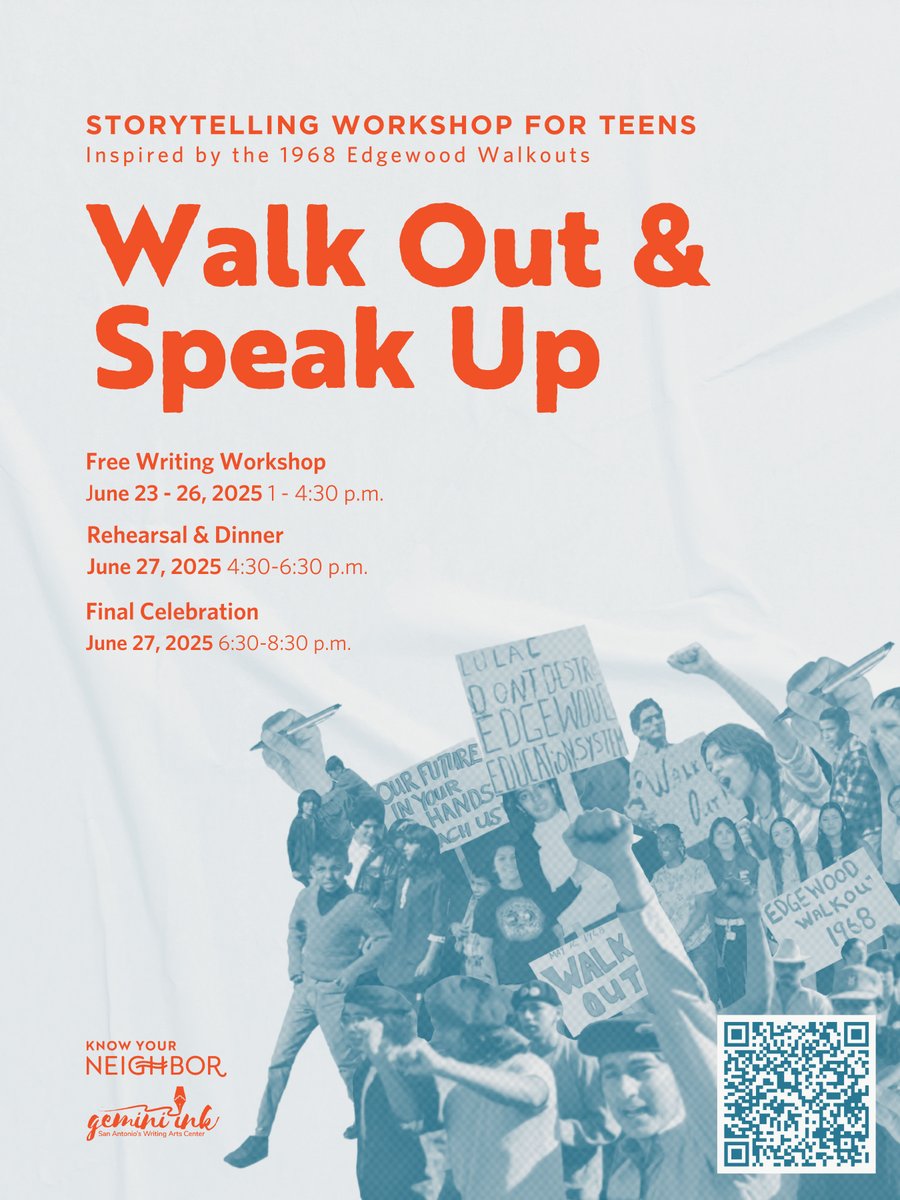 WALK OUT &amp; SPEAK UP
Join the movement of the youth with these free storytelling workshops for teens!

Free Writing Workshop
June 23 - 26, 2025 1 - 4:30 p.m.
Rehearsal &amp; Dinner
June 27, 2025 4:30-6:30 p.m.
Final Celebration
June 27, 2025 6:30-8:30 p.m.