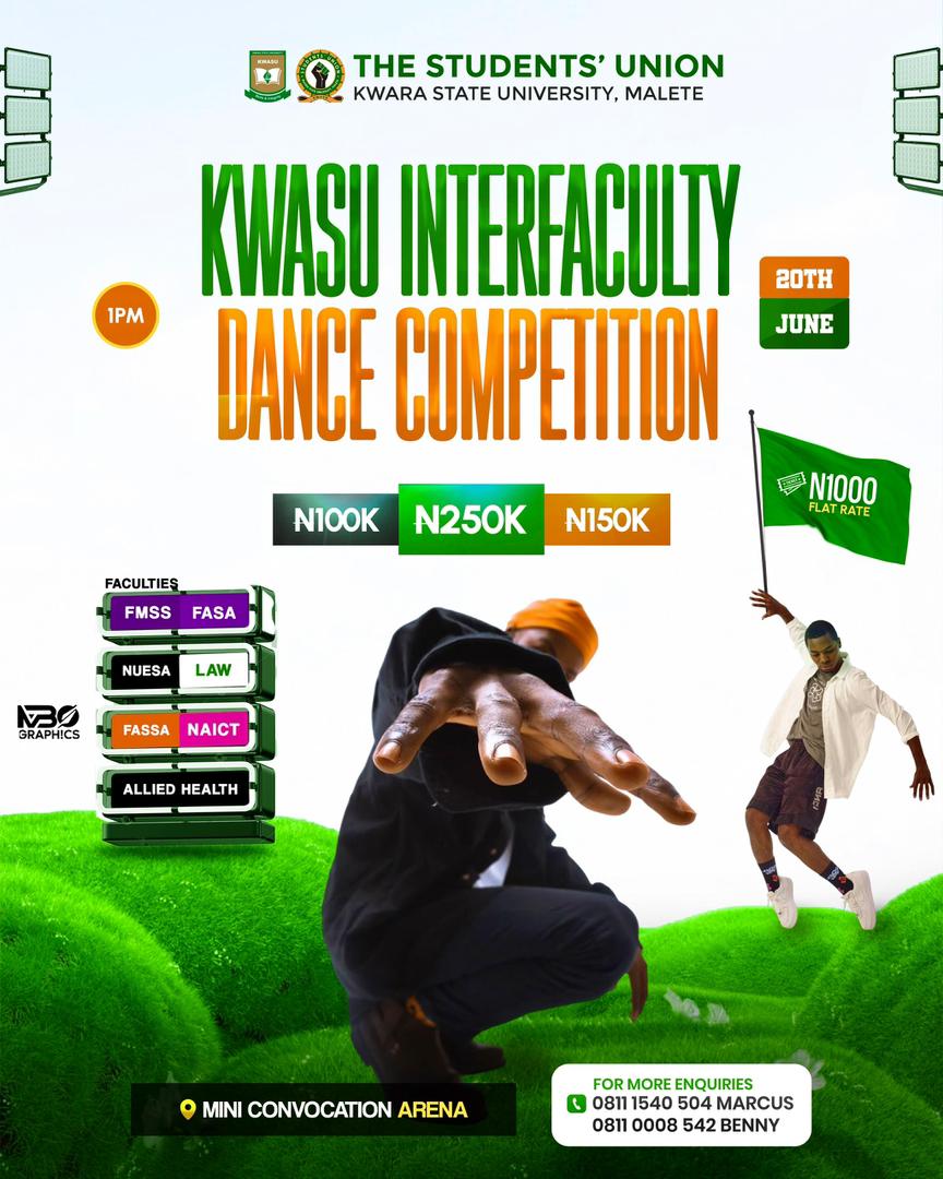 thekwasusu's tweet photo. Which faculty will take the crown? ๐
Itโs more than a dance battle โ itโs bragging rights on the line!
Come rep your faculty, feel the vibe, and witness pure talent take over the stage! ๐๐ฅ
Don't miss the energy! ๐ฅ
#KWASUDanceBattle #KWASUInterfacultyVibes #DanceToWin #KWASU https://t.co/AGbOd6BRHn