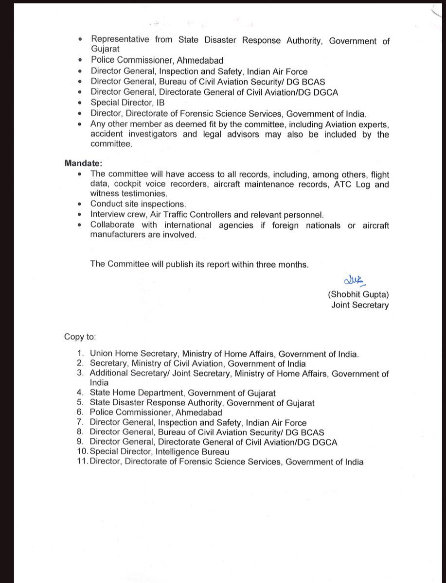 MoCA_GoI's tweet photo. A High Level Multi-disciplinary Committee is constituted for examining the causes leading to the crash of the Air India Flight AI-171 from Ahmedabad to Gatwick Airport (London) on June 12, 2025. 

The Committee will examine the existing Standard Operating Procedures (SOPs) and guidelines issued to prevent and handle such occurrences and suggest comprehensive guidelines for dealing with such instances in the future.

The Committee will not be a substitute to other enquiries being conducted by relevant organisations but will focus on formulating SOPs for preventing and handling such occurrences in the future.

@RamMNK @mohol_murlidhar