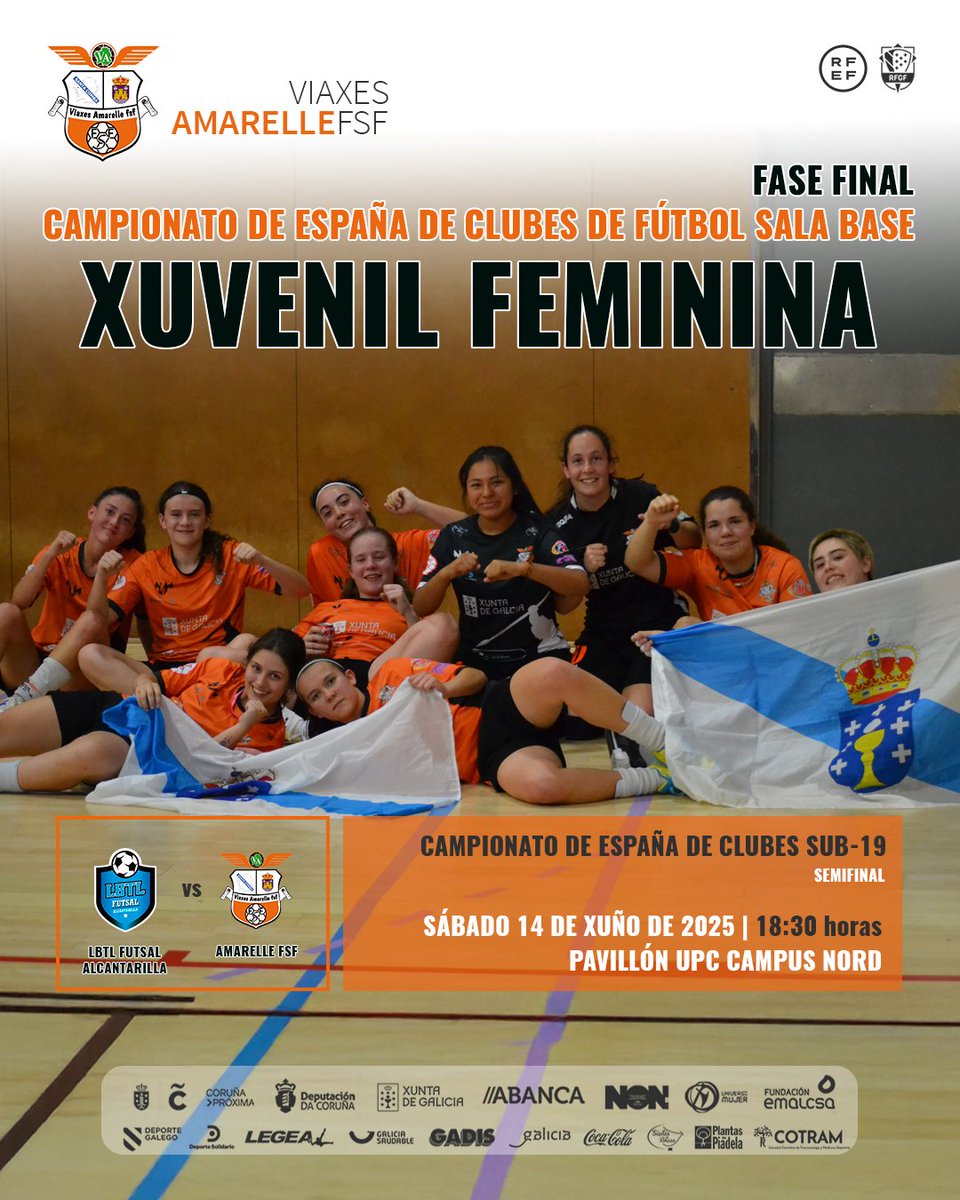 🏆 SEMIFINAL do Campionato de España Sub-19!

O sábado 14 de xuño ás 18:30h no Pavillón UPC Campus Nord (Barcelona), o Viaxes Amarelle FSF xuvenil enfróntase ao LBTL Futsal Alcantarilla 💪🧡

A un paso da gran final!

#FamiliaAmarelle #FútbolSala #CampionatoEspaña