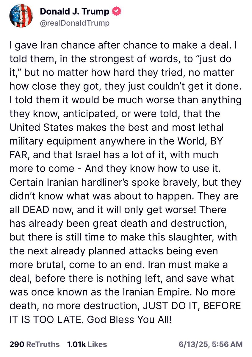 hervecrypto's tweet photo. So Trump actually wants Iran to trust the US in making a deal at the very same time saying that he knew Israel was going to attack Iran? 

How does this even make sense? 

This is definitely NOT how to make a deal. https://t.co/gf2qkmmvfm