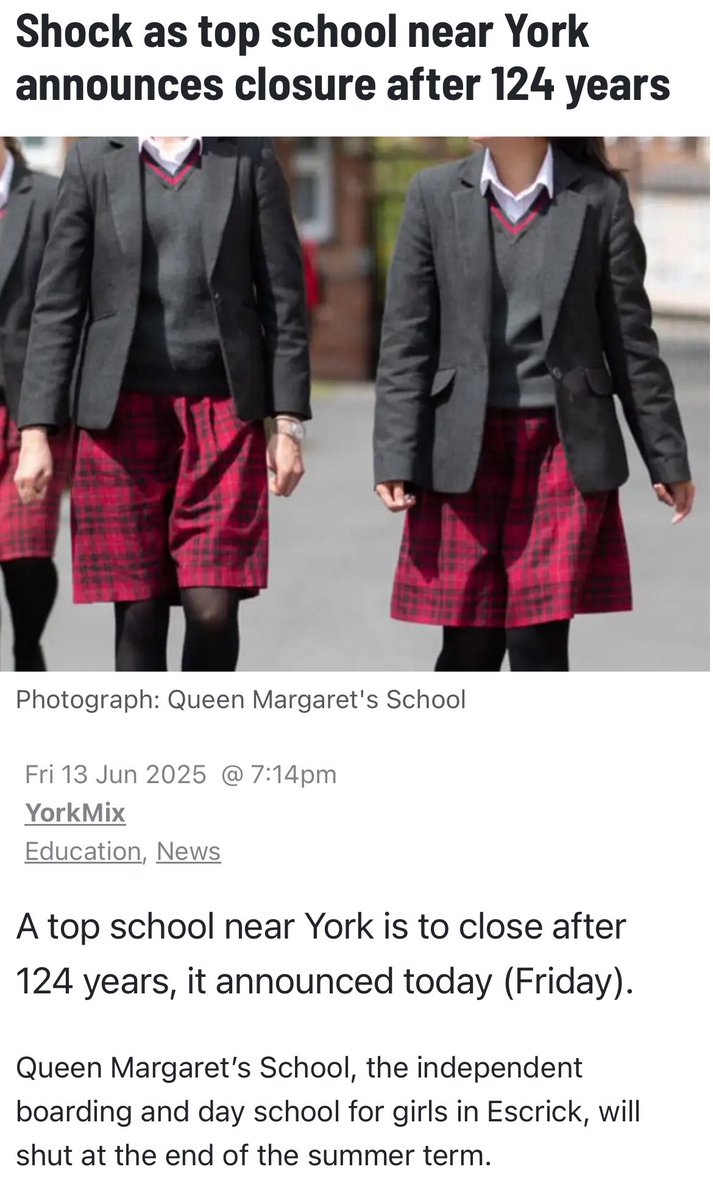 Queen Margaret’s School, nr York, educating children for 124 years announces its closure. What an utter joke this government is. 

“The governors said the school could no longer withstand financial pressures, including the recent introduction of VAT on school fees.”

“At least