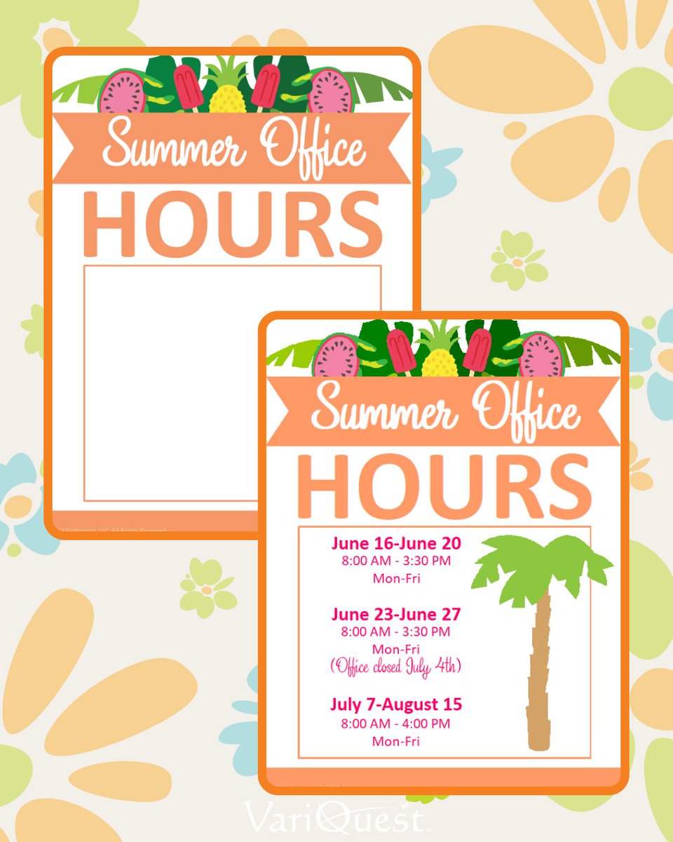 Welcome summer!☀️🍉While many educators are able to take a well-deserved break through the summer months, many are continuing to work in the building during summer. Communicate updated day-to-day hours using this festive, FREE poster download! hubs.ly/Q03rVwLQ0