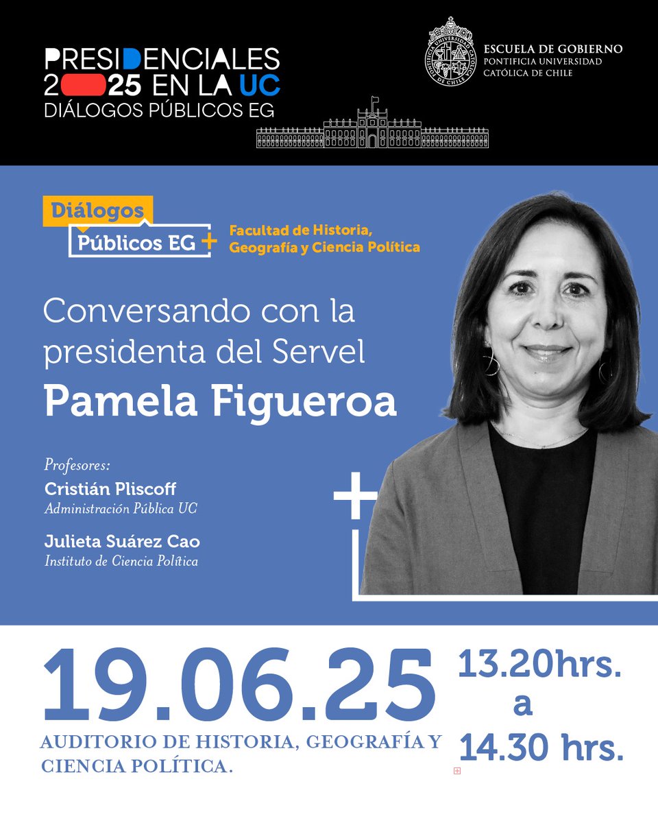 📢Este jueves 19 de junio, de 13:20 a 14:30 hrs, no te pierdas un nuevo #DiálogosPúblicosEG junto a Pamela Figueroa, presidenta del Servel. Conversaremos sobre elecciones y democracia.
📍 Auditorio de Historia, Geografía y Ciencia Política UC 
Inscríbete: forms.office.com/r/E1fVi3z7VK