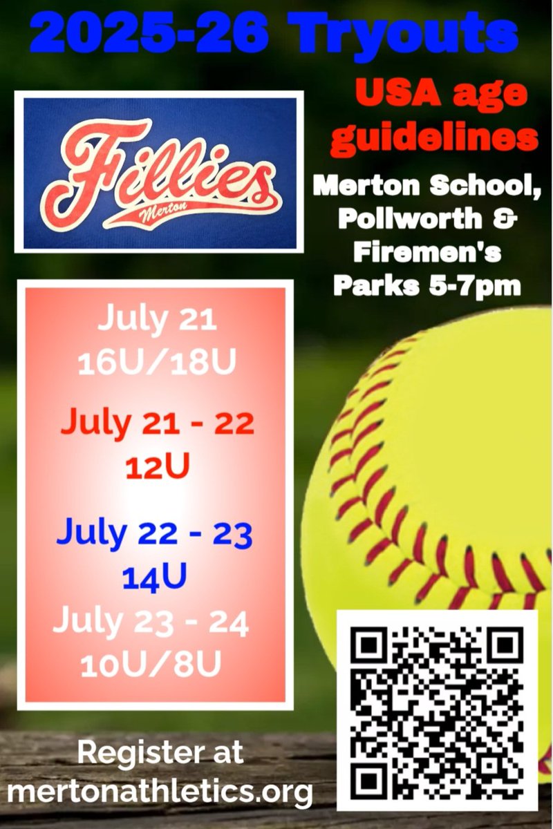 actdirMAA's tweet image. Merton Fillies tryouts will be July 21-24. Follow the QR code or click the link to register and see locations and times for each age group.
mertonathletics.sportngin.com/register/form/…
