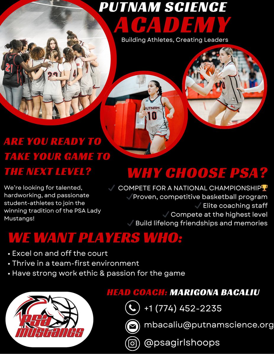 🚨 RECRUITMENT ALERT 🚨
Are YOU ready to be part of something special? The Putnam Science Academy Lady Mustangs are looking for dedicated, driven, and passionate hoopers to join our family for the 2025–2026 season! 🏀❤️

Applications are open NOW!
🔗APPLY: putnamscience.org