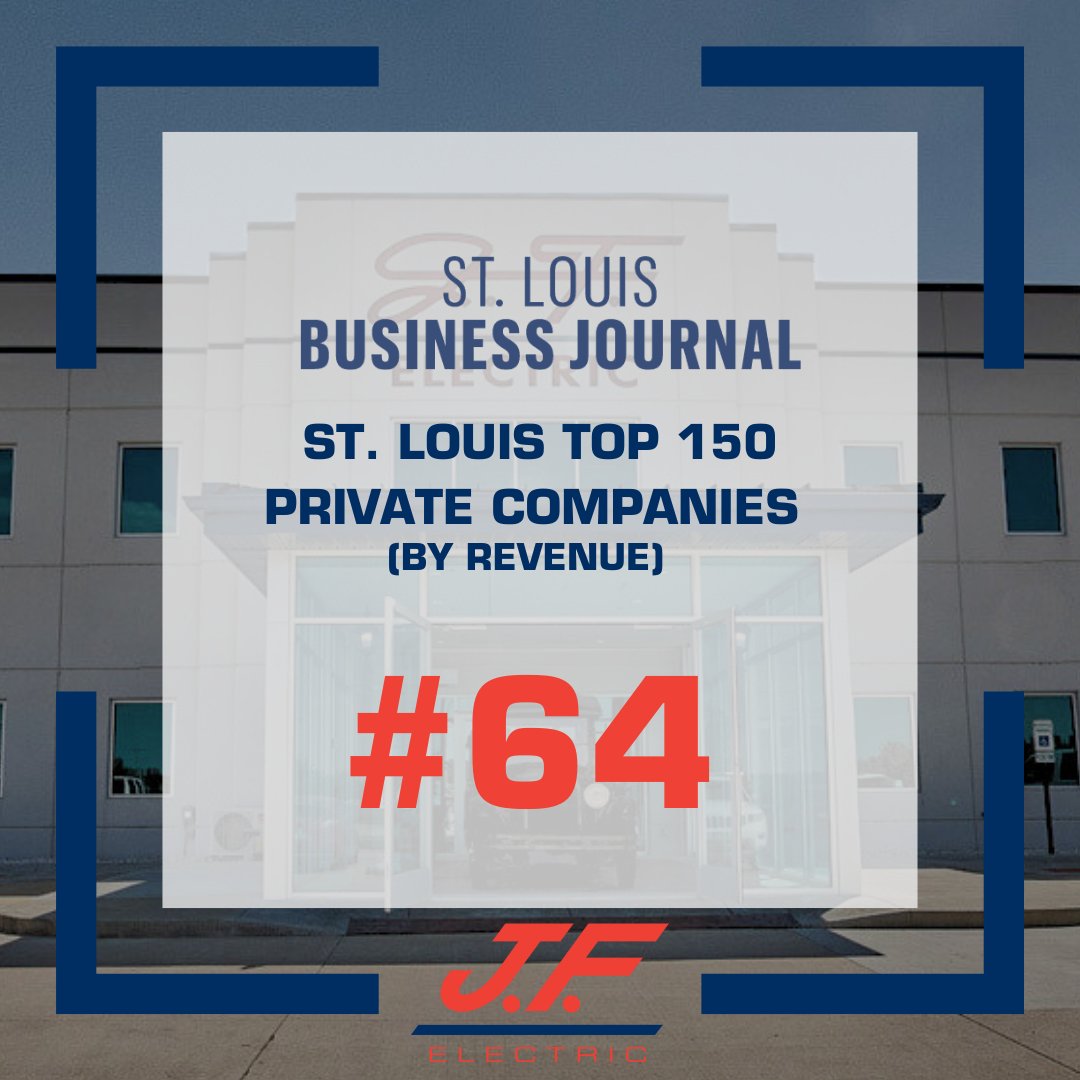 We're thrilled to make another St. Louis Business Journal list. J.F. Electric ranked number 64 for St. Louis' top 150 Private Companies by Revenue! See the full list: hubs.la/Q03s2tR70