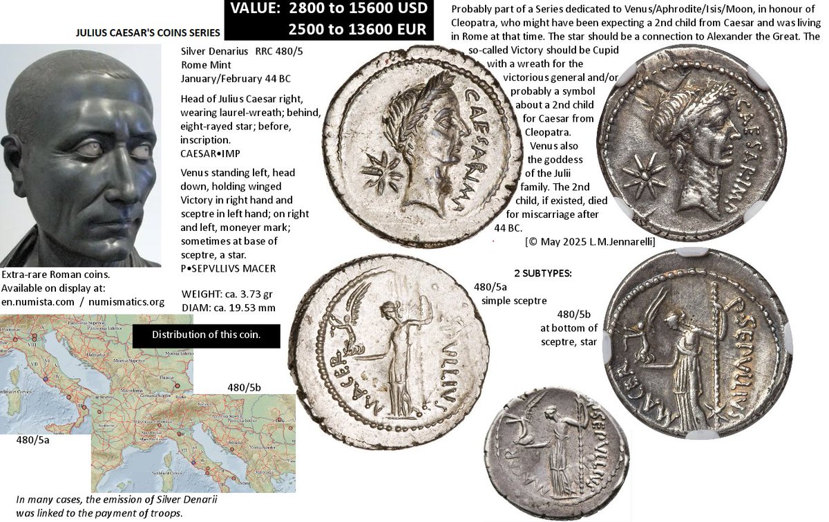 caesararchaeo's tweet photo. #CaesarCoinsSeries
#Rome44BC
Silver Denarius
Series 480/5
Created 2 months before #Caesar death, this coin celebrates #Caesar as #Imperator &amp; goddess #Venus with #Cupid with #VictoryWreath: whole Moon/Venus Series 44BC may be dedicated to #Cleopatra as #Isis! 
Value: 15600$! https://t.co/acncZNKLzd
