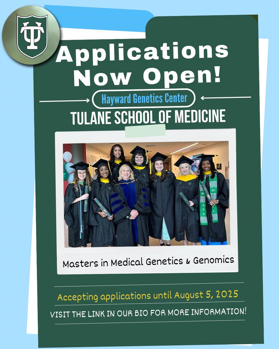 Tulane_Genetics's tweet photo. Tulane’s 1-year Master’s in Medical Genetics &amp; Genomics program offers:
🧬 Hands-on clinical shadowing
🧬 Expert mentorship in a tight-knit cohort
🧬 A strong success rate of graduates being admitted to med school, PhDs, genetic counseling programs &amp; beyond!

Apply now! https://t.co/Nr7ivE2529