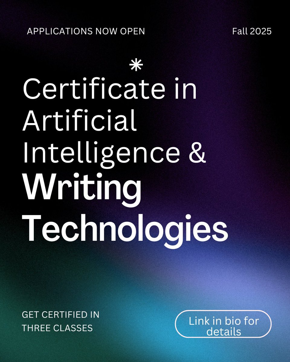 kenn_state_mapw's tweet image. 📢 JUST ADDED: Artificial Intelligence & Writing Technologies Certificate📢
💻 Details: kennesaw.edu/radow/degrees-…
➡️ Apply: kennesaw.edu/admissions/gra…
#kennesawstate #mapw #certificate #ai #artificialintelligence #writing