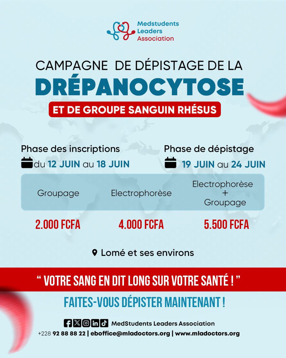 À tous ceux qui vivent à Lomé et dans ses environs : le dépistage de la drépanocytose et du groupe sanguin est désormais accessible à tous.
Du 12 au 24 juin, profite du tarif solidaire offert par la MLA.
Inscris-toi : wa.me/92888822
Partage l’information.
#Drépanocytose