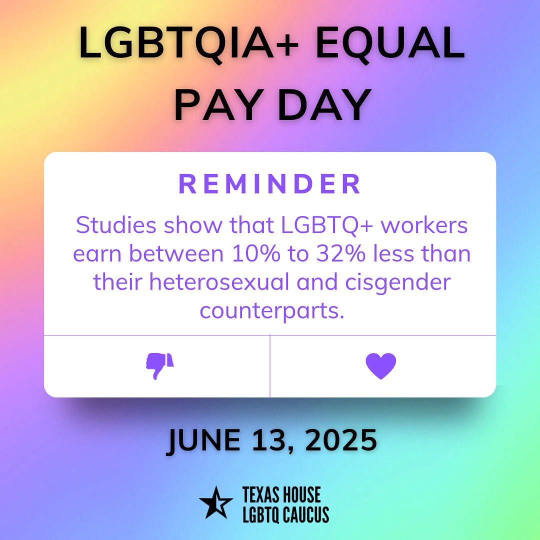 txlgbtqcaucus's tweet image. #LGBTQIAEqualPayDay: Full-time #LGBTQIA+ Workers make 90 cents for every $1 earned by cishet workers.
This gap is even larger for LGBTQIA+ women, LGBTQIA+ folks of color, and transgender folks. We must fight the wage gap until we're all earning #EqualPayForEqualWork
#txlege