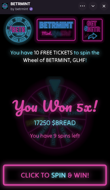 Hey everyone, you need to get on farcaster so you can get your $BREAD up!

<a href="/betrmint/">BETRMINT</a> is handing out loaves for the people, step right up!

betrmint.fun/mint-spin-win/…

$BREAD #base #bitcoin #coinbase