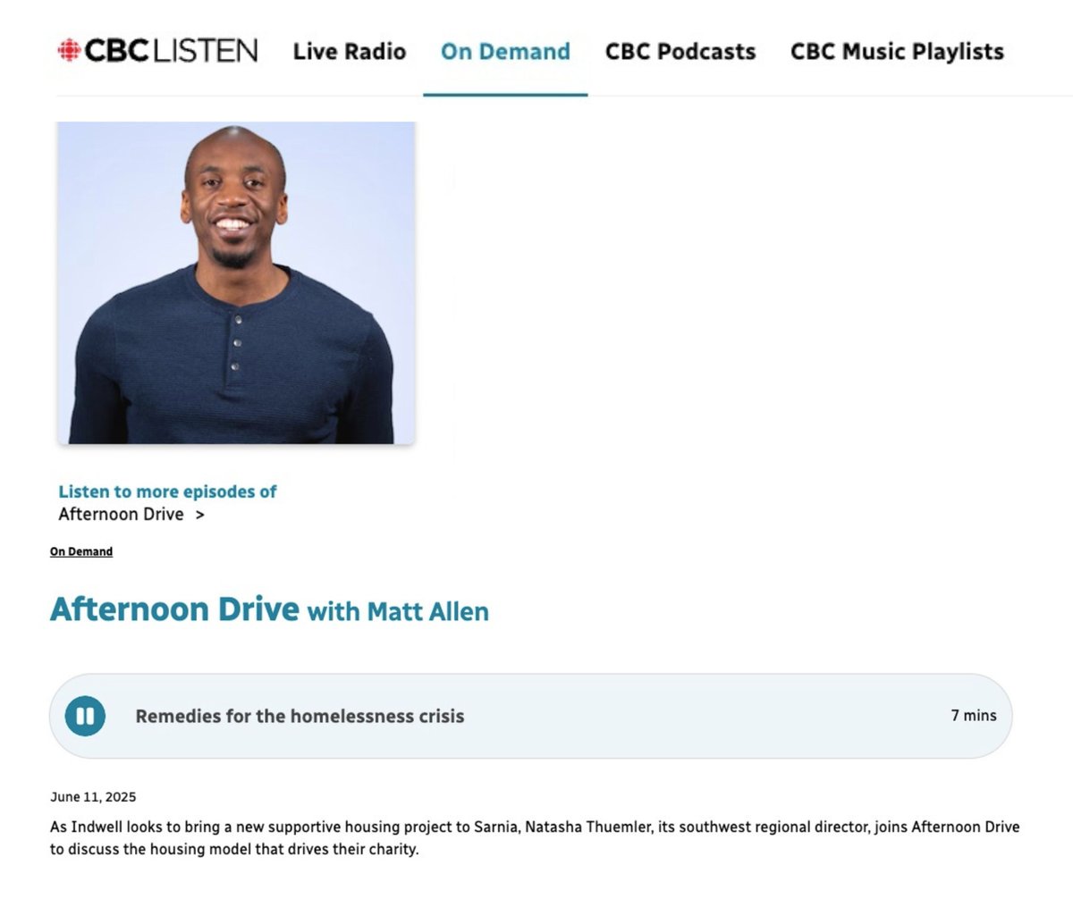Curious about Indwell's work in Southwestern Ontario, including our plans in Sarnia-Lambton? 

Hear from Natasha Thuemler, Indwell's Southwest Regional Director, on CBC's Afternoon Drive to discuss the housing model that drives Indwell!

Listen here: cbc.ca/listen/live-ra…