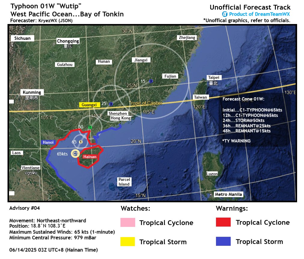 Kryezzy's tweet photo. West Pacific Tropical Cyclone Advisory – 4a
Forecaster: KryezWX
Initial: 01z 06/09/2025 GMT+8

#Typhoon #Wutip #01W now the first typhoon of the 2025 season, nearing landfall in #Guangxi and #Guangdong after passing #Hainan in #China.

More information and forecast in attachment: https://t.co/FPJiKMxg9v
