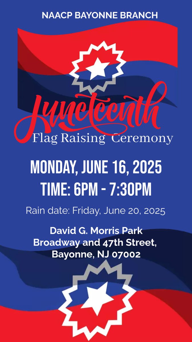 Don't miss Juneteenth in Bayonne! 🎉
🗓️ Sat, June 14: Freedom Day Celebration (NEW LOCATION!) at Bayonne High School, 11 AM - 6 PM. Live music, food &amp; fun! 
🗓️Mon, June 16: Flag Raising Ceremony at David G. Morris Park, 6 PM. 

#Juneteenth2025 #BayonneNJ