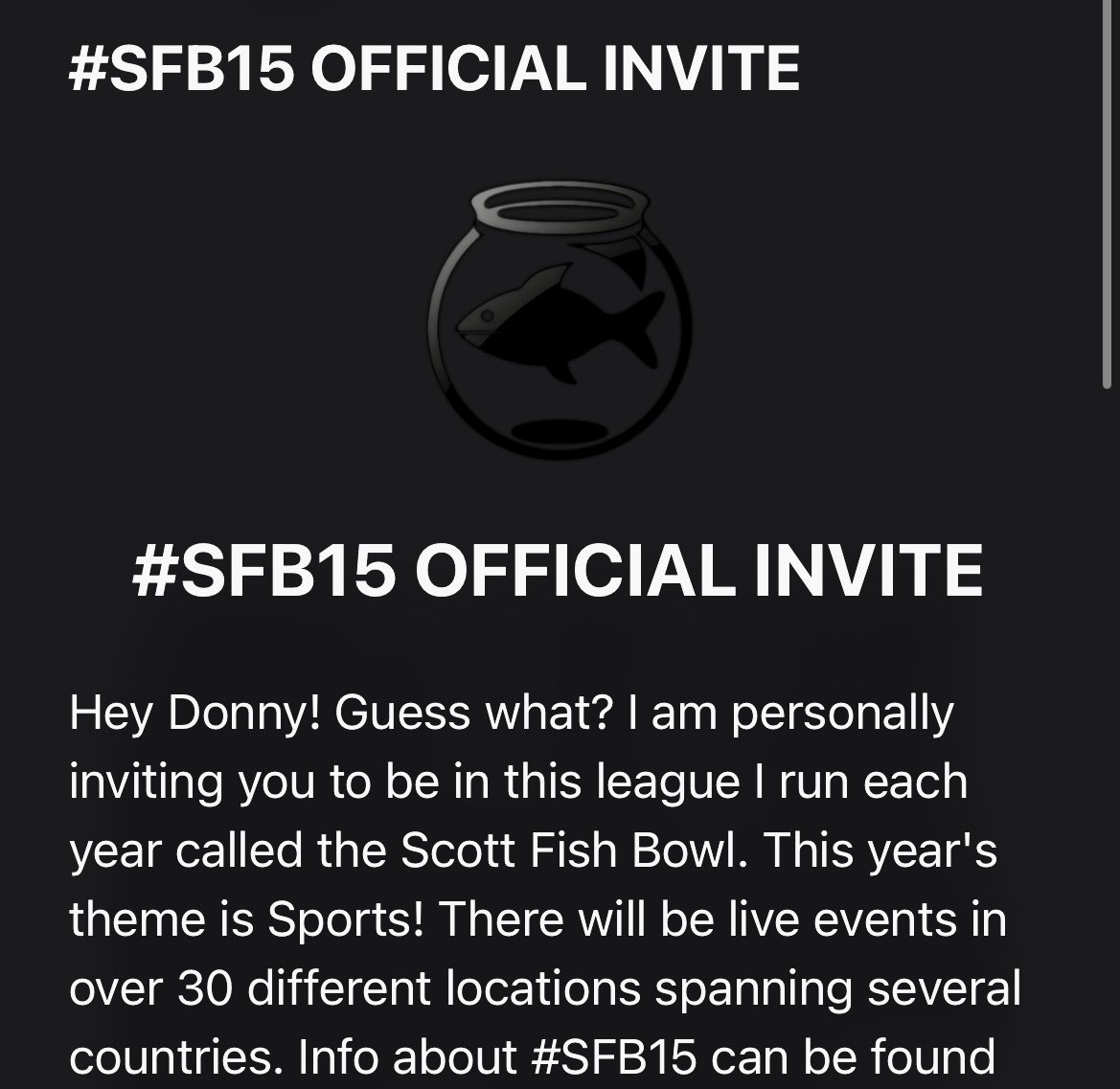 Can’t wait to participate in the Scott Fish Bowl for the first time!!  #SFB15