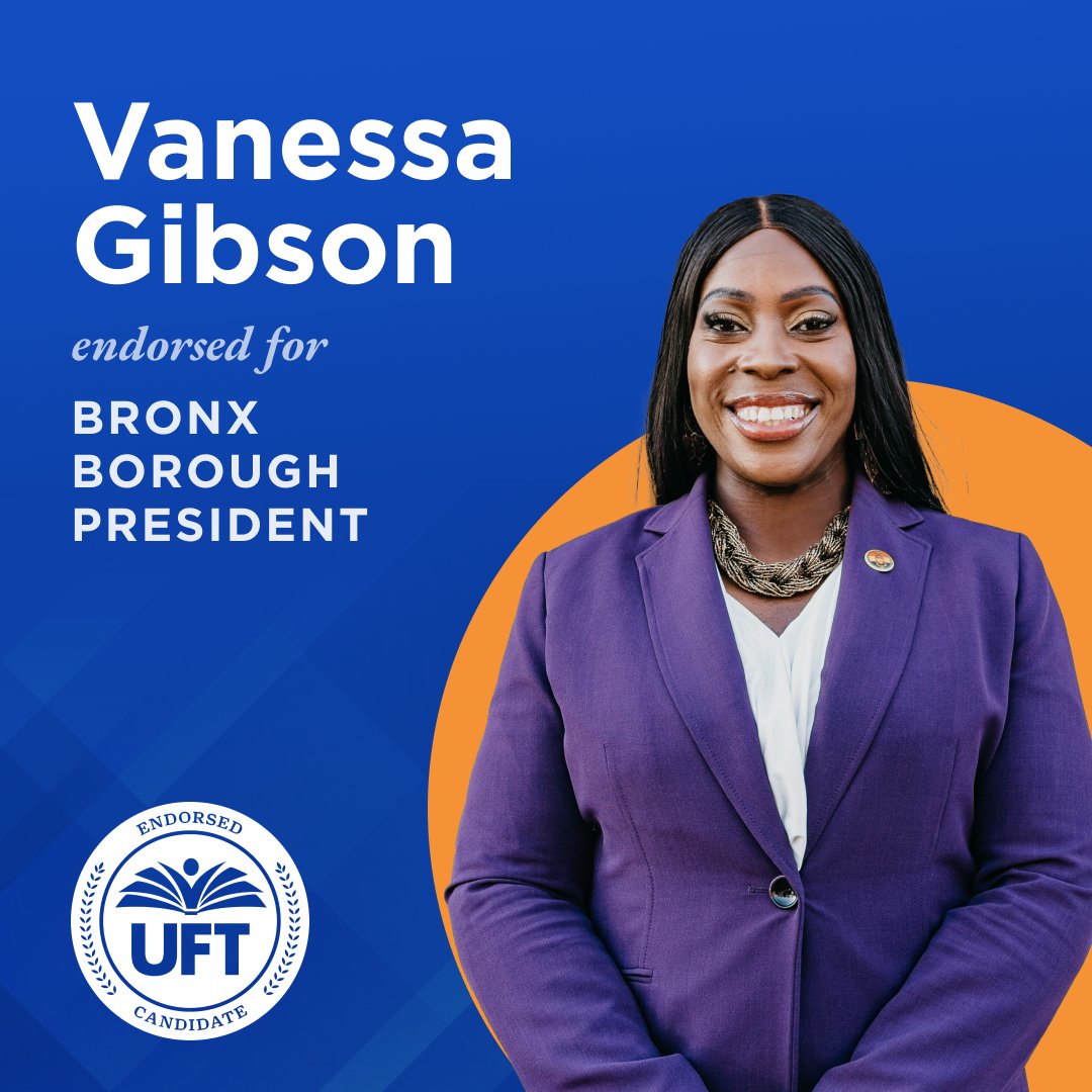 UFT Action (@uft_action) on Twitter photo .<a href="/UFT/">UFT</a> proudly endorses Vanessa Gibson for Bronx Borough President! 💪
A tireless advocate for students and educators, Vanessa has championed public education and union values throughout her career—and we’re proud to stand with her.
<a href="/BPGibson2025/">Hon. Vanessa L. Gibson, MPA (She, Her, Hers)</a>
#UFTAction #NYCLaborVotes .<a href="/UFT/">UFT</a> proudly endorses Vanessa Gibson for Bronx Borough President! 💪
A tireless advocate for students and educators, Vanessa has championed public education and union values throughout her career—and we’re proud to stand with her.
<a href="/BPGibson2025/">Hon. Vanessa L. Gibson, MPA (She, Her, Hers)</a>
#UFTAction #NYCLaborVotes