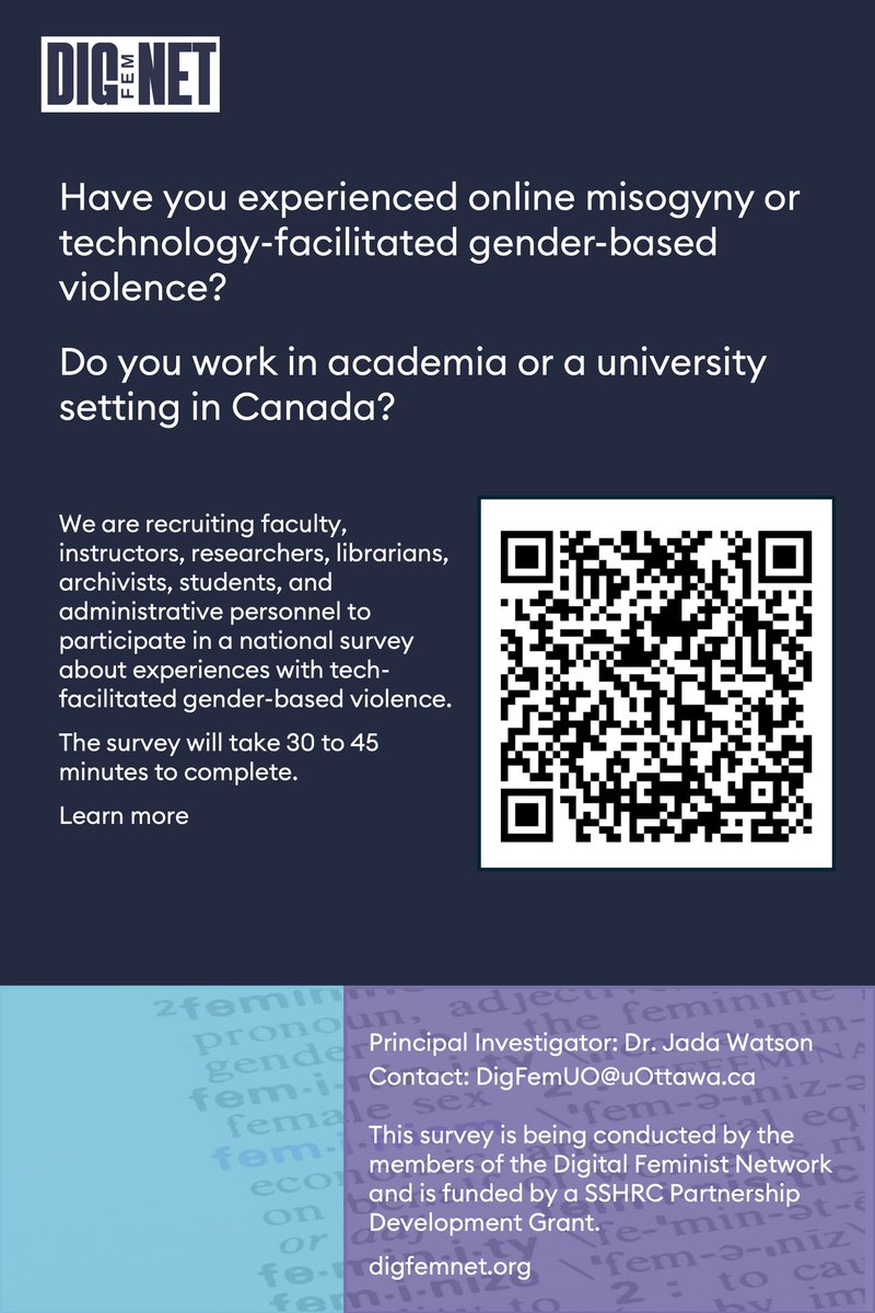 Survey: experiences with online misogyny in academia and university settings

Author: This survey is being led by Dr. Jada Watson, with the Digital Feminist Network (digfemnet.org) and is funded by a SSHRC Partnership Development Grant.