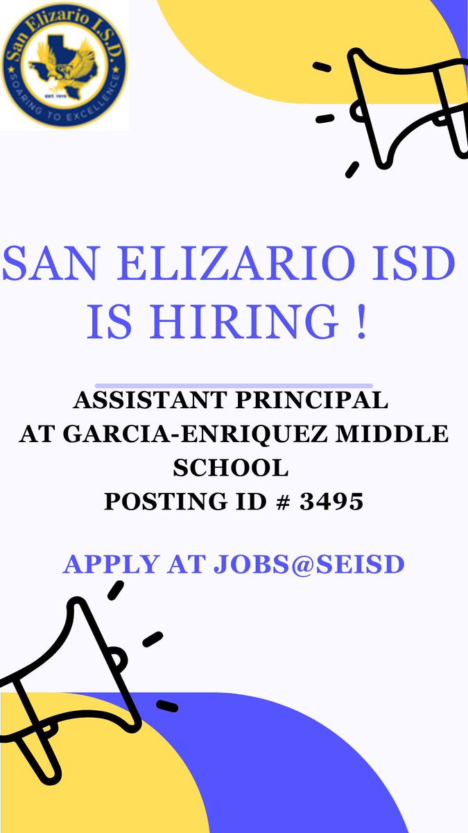SanEliISD_HR (@saneliisdhr) on Twitter photo San Elizario ISD is hiring for Assistant Principal at Ann M. Garcia-Enriquez Middle School . If you have a passion for education and leadership, this is your chance to make a real difference!
Apply today at JOBS@SEISD
<a href="/SanElizarioISD/">San Elizario ISD</a> #SanEliManoAMano San Elizario ISD is hiring for Assistant Principal at Ann M. Garcia-Enriquez Middle School . If you have a passion for education and leadership, this is your chance to make a real difference!
Apply today at JOBS@SEISD
<a href="/SanElizarioISD/">San Elizario ISD</a> #SanEliManoAMano