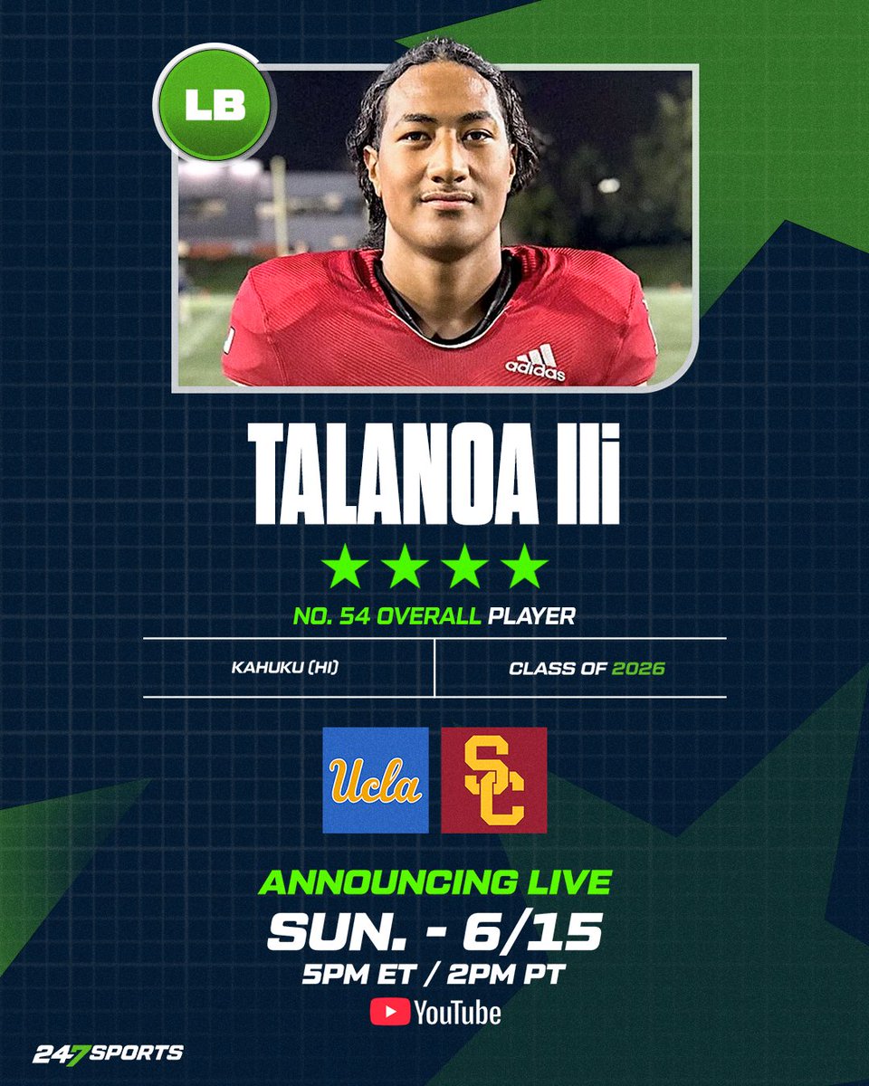 247Sports (@247sports) on Twitter photo Talanoa Ili, the No. 54 overall player in the 2026 class, will announce his college commitment LIVE on 247Sports🚨
Ili is the No. 3 overall LB and No. 1 overall player in the state of Hawaii. His finalists are #UCLA and #USC.
<a href="/talanoaili/">Talanoa Ili</a> x <a href="/247recruiting/">247Sports Recruiting</a>
⏰: Sunday, July 15 Talanoa Ili, the No. 54 overall player in the 2026 class, will announce his college commitment LIVE on 247Sports🚨
Ili is the No. 3 overall LB and No. 1 overall player in the state of Hawaii. His finalists are #UCLA and #USC.
<a href="/talanoaili/">Talanoa Ili</a> x <a href="/247recruiting/">247Sports Recruiting</a>
⏰: Sunday, July 15