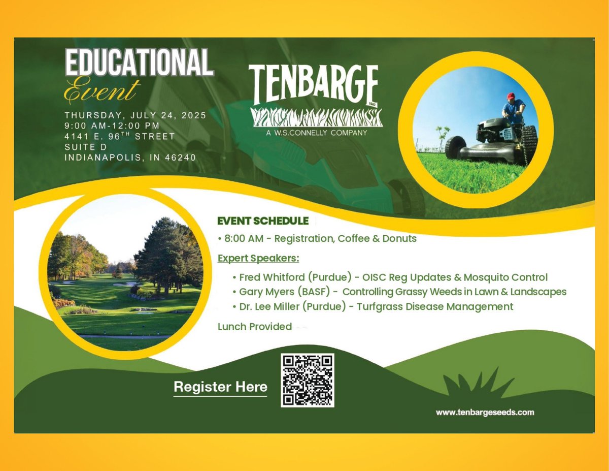 📅 Mark Your Calendars!
Join us for a Tenbarge Seed &amp; Fertilizer Educational Event
🗓 Thursday, July 24, 2025
🕗 8:00 AM – 12:00 PM
📍 4141 E. 96th Street, Suite D, Indianapolis, IN 46240

REGISTER HERE: form.jotform.com/250614369363156