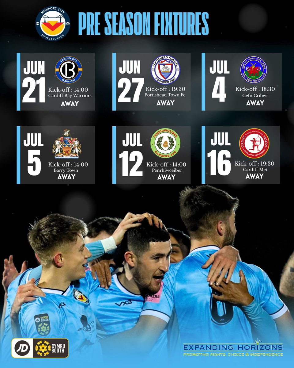 25/26 Pre Season fixtures 🔥

We kick off away to Cardiff Bay Warriors before trips to:

<a href="/PortisheadTown/">Portishead Town FC</a> 
<a href="/CefnCribwrFC/">Cefn Cribwr FC</a> 
<a href="/BarryTownUnited/">Barry Town United</a> 
<a href="/Ceiberrangersaf/">Penrhiwceiber Rangers AFC</a> 
<a href="/CardiffMetFC/">Cardiff Met Football Club</a> 

Thank you to all teams for hosting us, we are looking forward to each trip. 

A huge welcome to our new