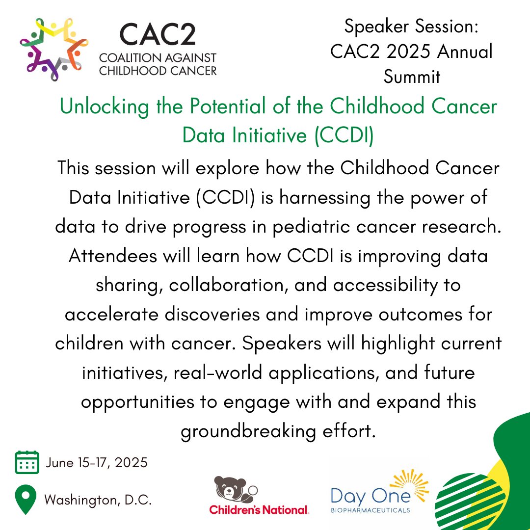 cac2org's tweet image. Discover how data is transforming the future of pediatric cancer care.
June 17, 2025
3:10–4:05 PM
Still need to register for this year's Summit? No problem! Follow this link: cac2.org/2025-annual-su…