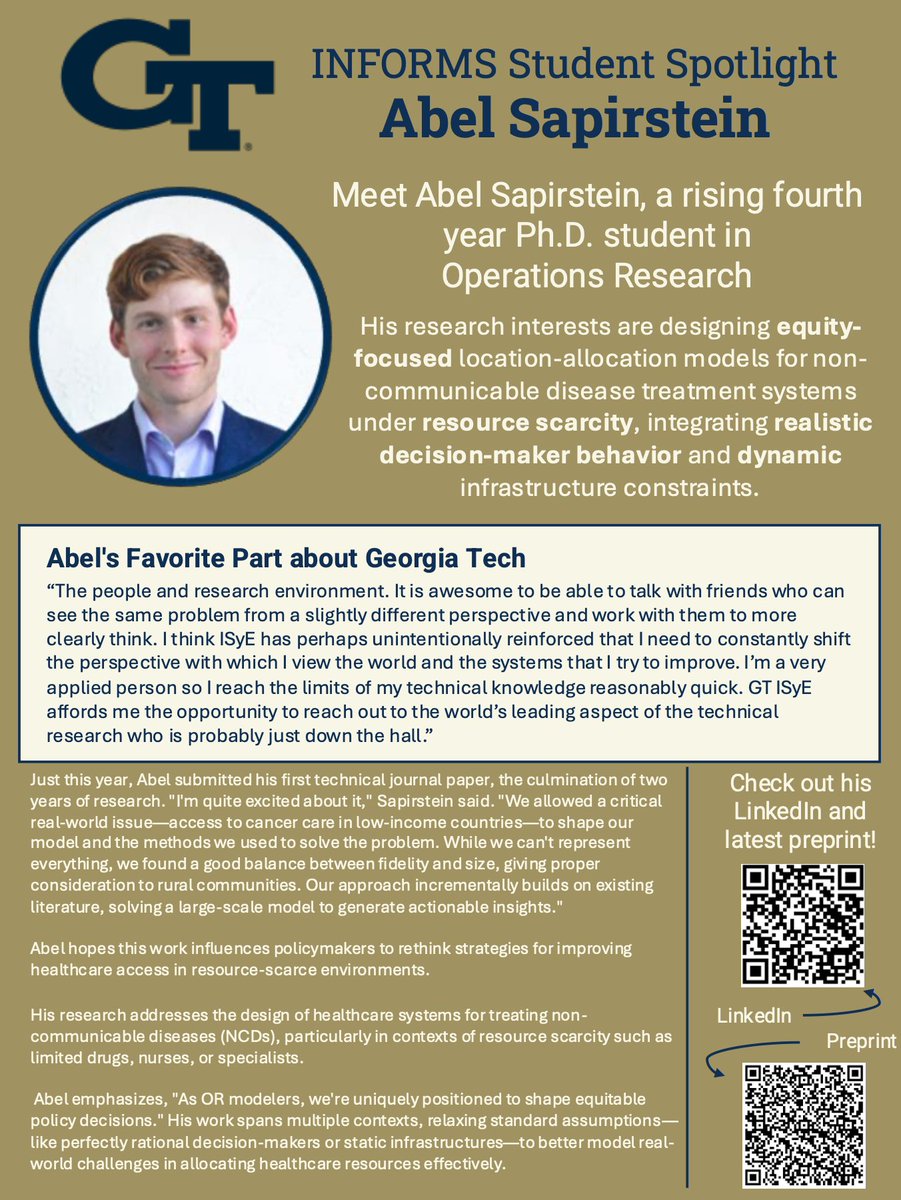 INFORMS_gatech's tweet image. We're excited to feature our second student spotlight: Abel Sapirstein, a 4th-year PhD student in OR! His research tackles healthcare equity in low-income countries, driven by real-world impact & collaboration. Check out his latest work here: shorturl.at/o0S8E
