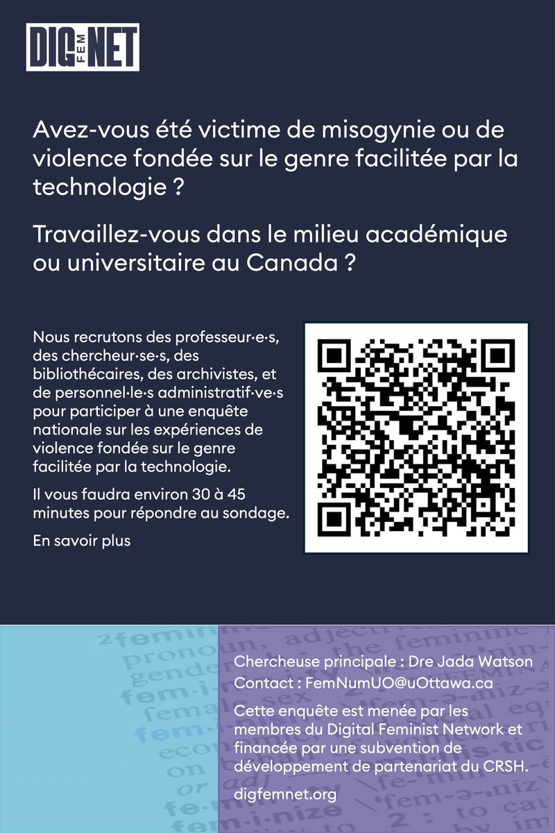 Enquête :  les expériences de misogynie en ligne vécues par des communités universitaires

Author : Cette enquête est dirigée par la Dre Jada Watson avec le Digital Feminist Network (digfemnet.org) et financée par une subvention de développement de partenariat du CRSH.