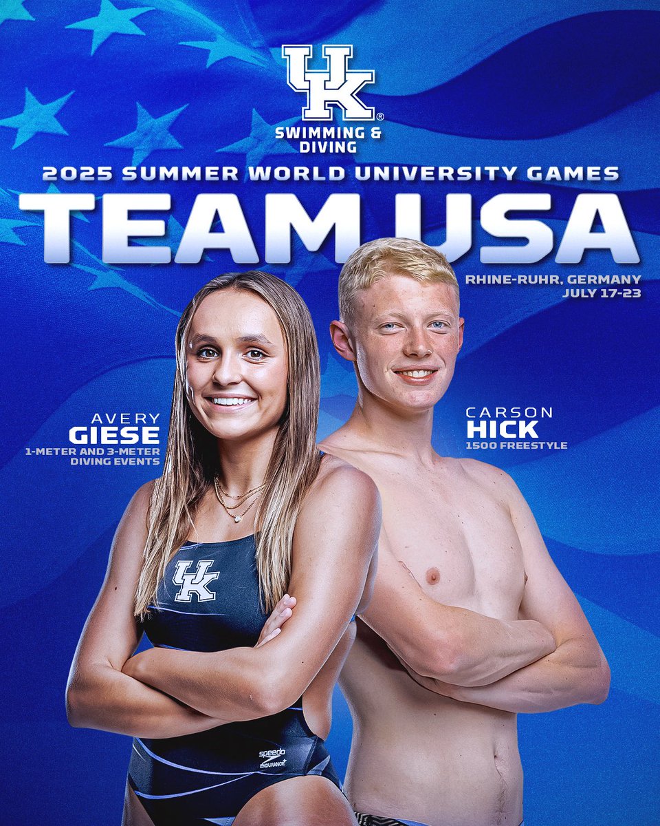 Kentucky Swim & Dive (@ukswimdive) on Twitter photo BLUE BUILT. 🔥
Huge congrats to Avery Giese & Carson Hick for being selected to represent Team USA at the 2025 World University Games!!! BBN is ready to cheer for you on the biggest collegiate stage, Cats! 😼🇺🇸
#WeAreUK | <a href="/USADiving/">USA Diving</a> x <a href="/USASwimming/">USA Swimming</a> x #WorldUniversityGames BLUE BUILT. 🔥
Huge congrats to Avery Giese & Carson Hick for being selected to represent Team USA at the 2025 World University Games!!! BBN is ready to cheer for you on the biggest collegiate stage, Cats! 😼🇺🇸
#WeAreUK | <a href="/USADiving/">USA Diving</a> x <a href="/USASwimming/">USA Swimming</a> x #WorldUniversityGames