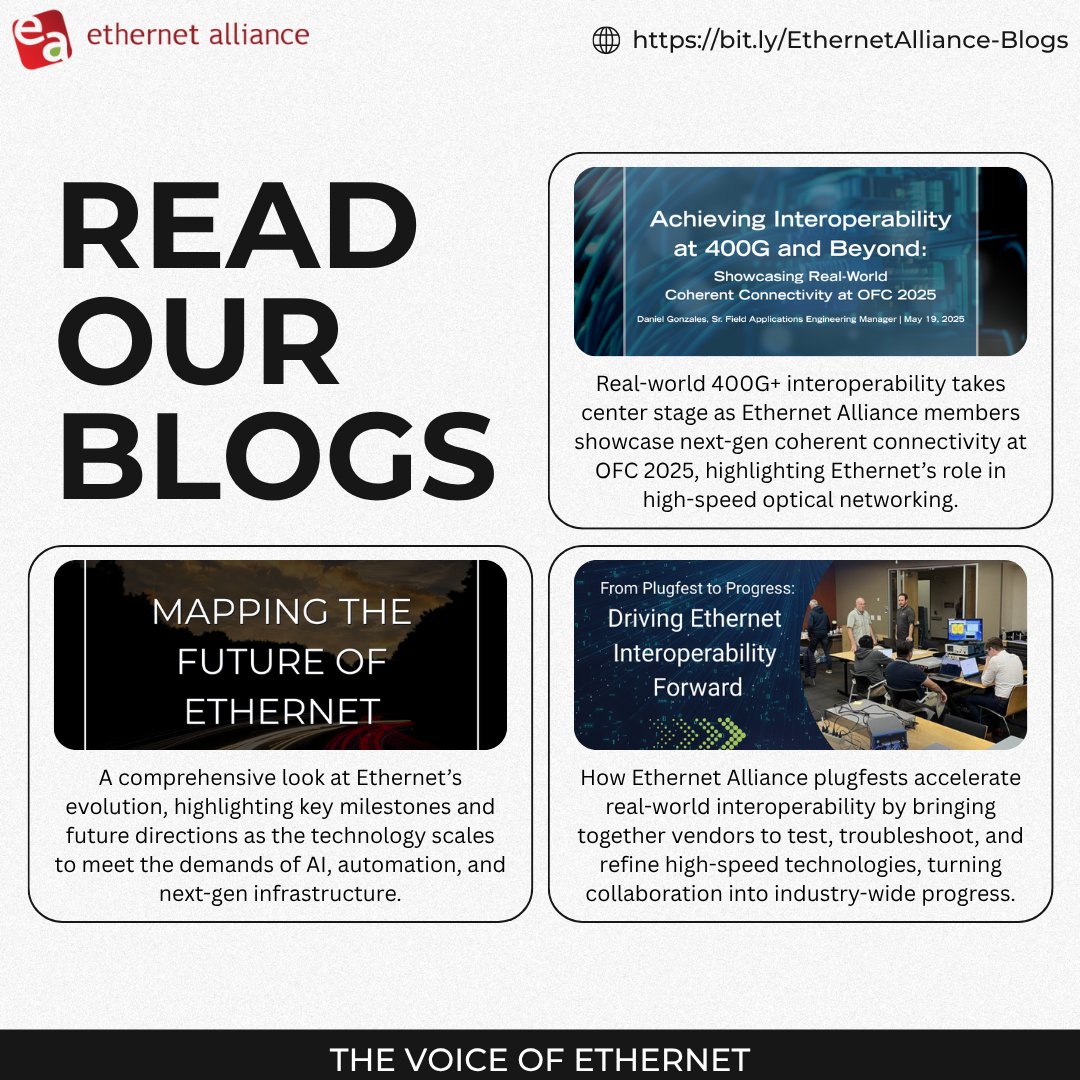 EthernetAllianc's tweet photo. Looking for a little light reading this weekend? Then why not check out the latest posts at the @EthernetAllianc #blog? We've got #OFC2025 highlights, a look at the 2025 #EthernetRoadmap, #interoperability insights, and more. Take a look: https://t.co/6tHrDQIMh3 #VoiceOfEthernet https://t.co/tFP9r9Ry4t