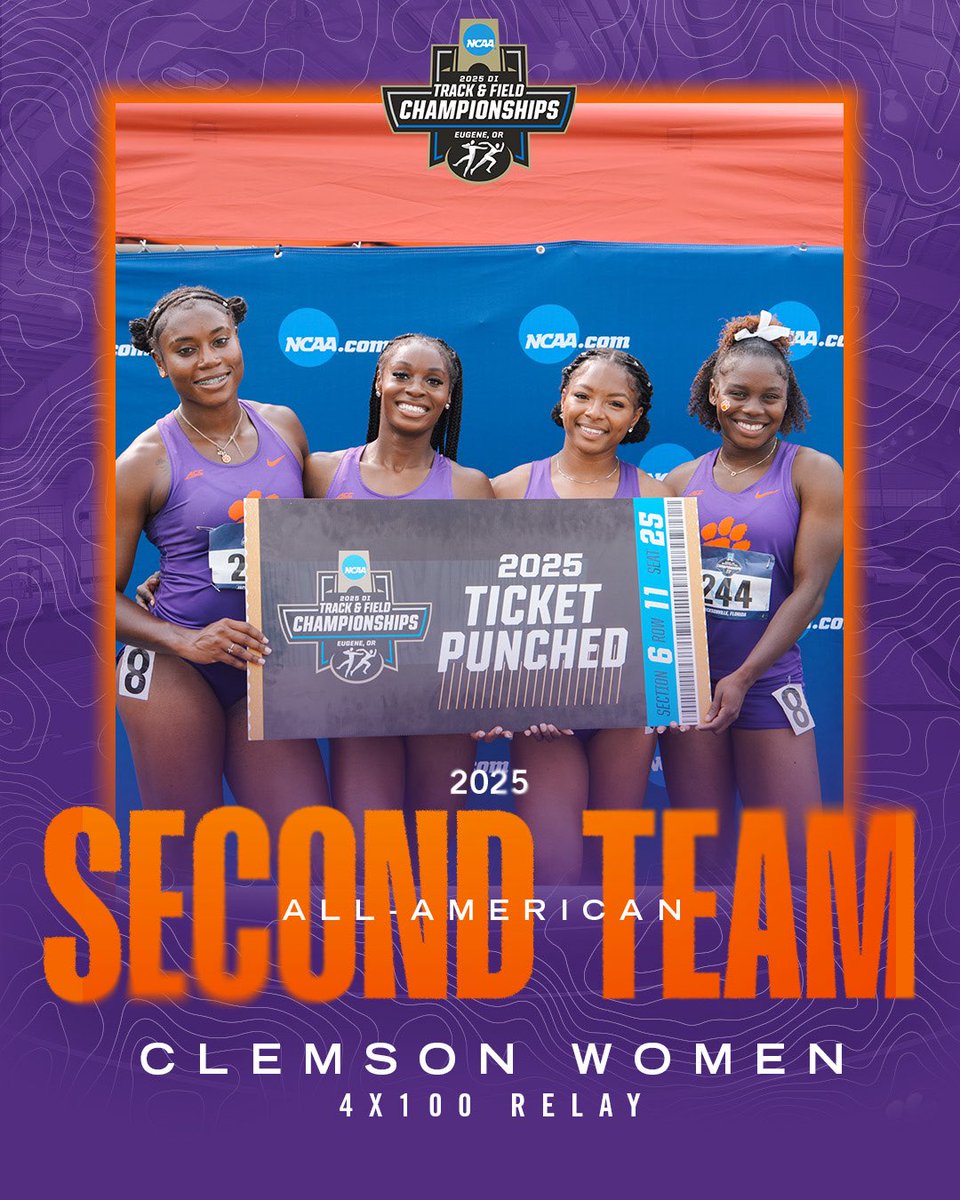 ClemsonTrackXC's tweet image. Second Team All-America status for these Tigers 🤩
Silvia Jelelgo, 1500 meters 🐅
4x100 Relay Team 🐅
Gladys Chepngetich, 800 meters 🐅
4x400 Relay Team 🐅