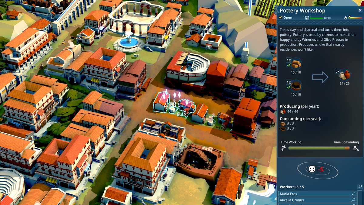 Here's an early look at the information panel of the production buildings - commute time affects how much work can be done in a day.