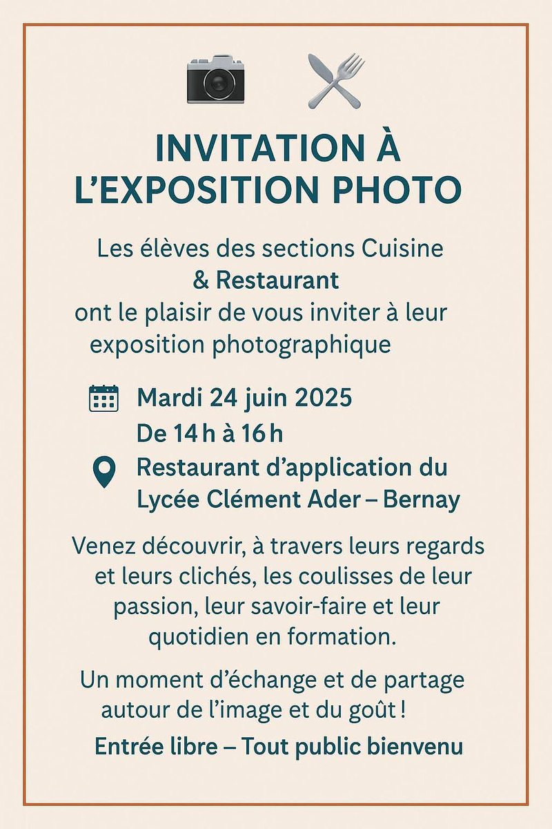 Exposition photo pour célébrer le savoir-faire culinaire des élèves de la section restauration – L’apprentissage à travers la photographie.
Le mardi 24 juin, de 14h00 à 16h00, les élèves de la section Restauration du lycée Clément Ader de Bernay organisent une exposition photo.