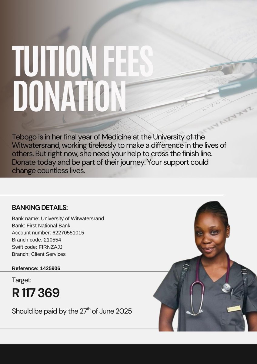 My best friend, Tebogo, is in her final year of Medicine at Wits, working day and night to become the doctor our world so desperately needs. She’s come so far — and now she just needs a little help crossing the finish line. 💉❤️