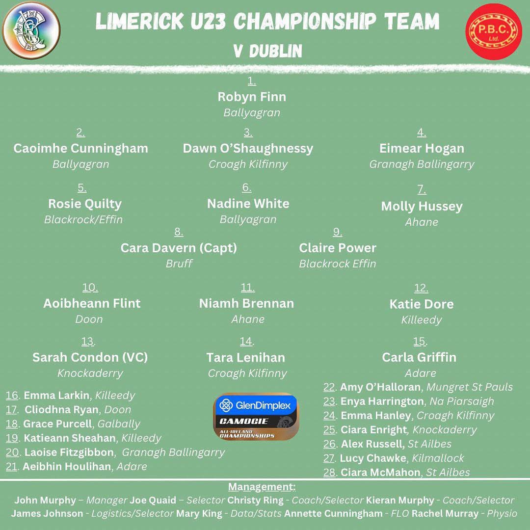 AdareGAA's tweet image. Best of luck to Carla, Aeibhínn and the P.C.B sponsored Limerick U23 camogie team & management tomorrow as they face Dublin at St Peregrines GAA , Dublin at 2pm in the U23 championship.
Go neiri an tádh libh go léir!💚
🎟️Tickets on sale now! ⬇️
universe.com/events/u23-b-c…