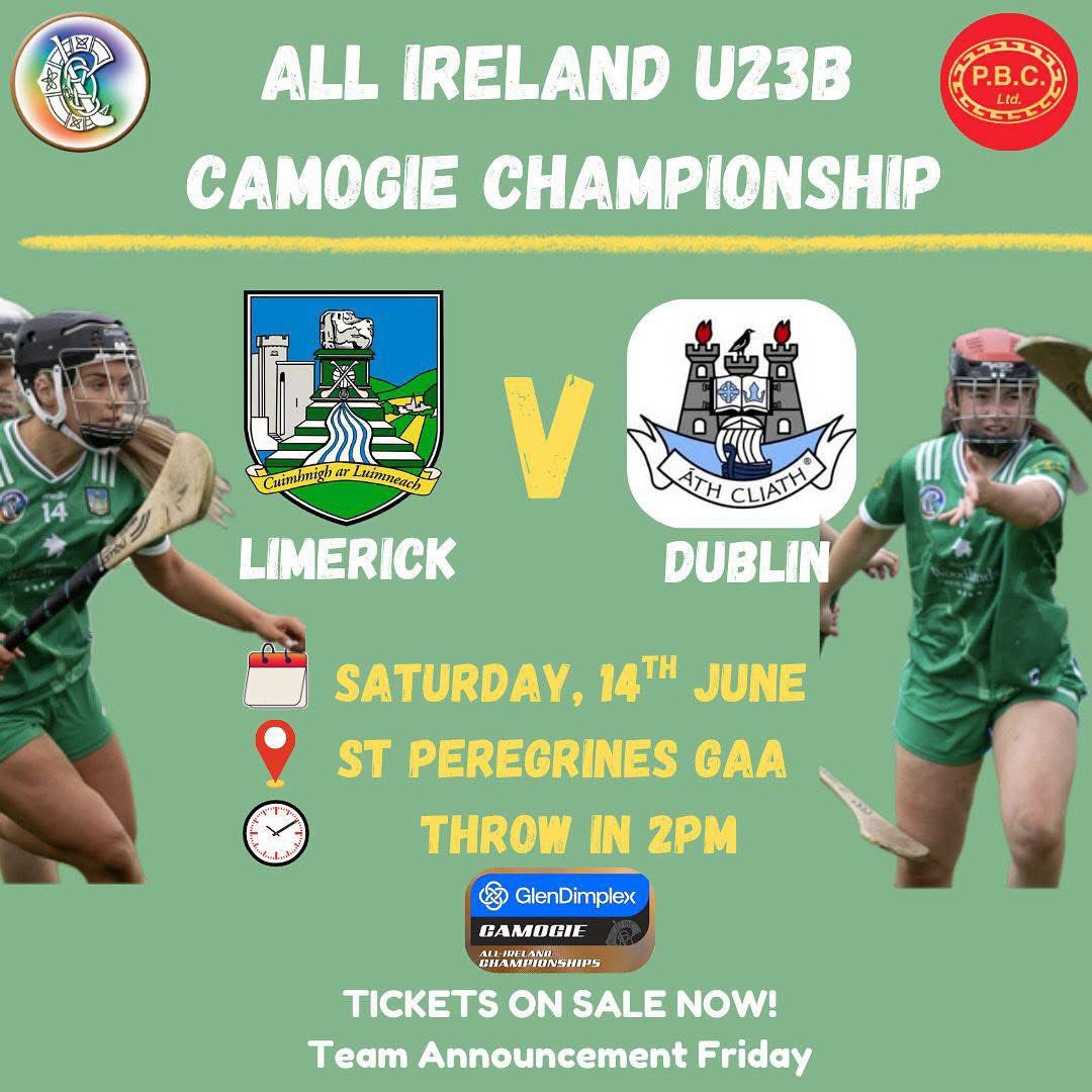 AdareGAA's tweet image. Best of luck to Carla, Aeibhínn and the P.C.B sponsored Limerick U23 camogie team & management tomorrow as they face Dublin at St Peregrines GAA , Dublin at 2pm in the U23 championship.
Go neiri an tádh libh go léir!💚
🎟️Tickets on sale now! ⬇️
universe.com/events/u23-b-c…