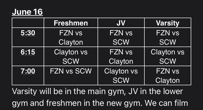 Coach Uffmann (@fznbasketball) on Twitter photo Games on Monday, June 16 at FZN!
Looking forward to hosting <a href="/scwbasketball/">SCW Basketball</a> and <a href="/ClaytonHSHoops/">Clayton Greyhounds Boys Basketball</a> Games on Monday, June 16 at FZN!
Looking forward to hosting <a href="/scwbasketball/">SCW Basketball</a> and <a href="/ClaytonHSHoops/">Clayton Greyhounds Boys Basketball</a>