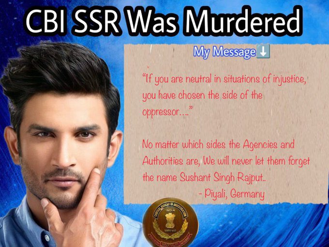 PIYALIBH's tweet photo. 5years Of Injustice To Sushant 💔 

“If you are neutral in situations of injustice, you have chosen the side of the oppressor…..”

No matter which sides the Agencies and Authorities are, we will never let them forget the name Sushant Singh Rajput..

We won’t move an inch from our stand! 

#JusticeForSushantSinghRajput ✊🏼

@PMOIndia @HMOIndia 
 @rashtrapatibhvn  @VPIndia 
@DoPTGoI @MLJ_GoI 
@IPS_Association @arjunrammeghwal 
@CVCIndia @CBIHeadquarters 
@Copsview @narcoticsbureau 
@dg_ncb @dir_ed
@AshwiniVaishnaw @BJP4India