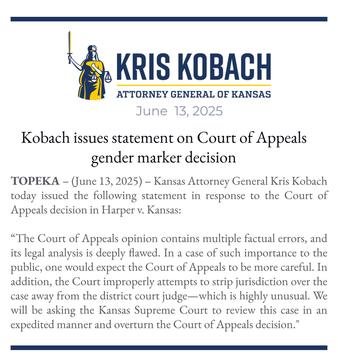 KSAGOffice's tweet image. We will be asking the Kansas Supreme Court to review this case in an expedited manner and overturn the Court of Appeals decision.